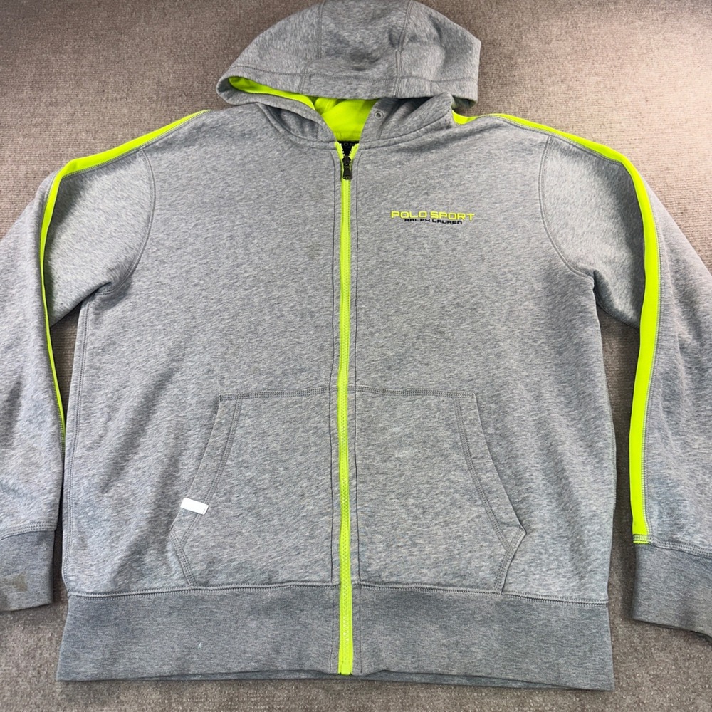 Polo Sport Ralph Lauren Mens Gray Neon Yellow Full Zip Hoodie Sweatshirt Large